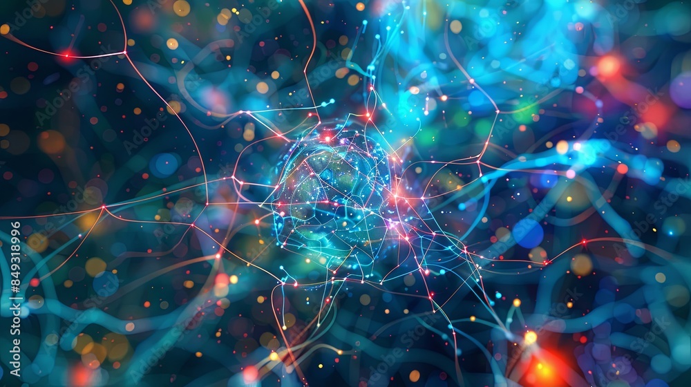 Poster An abstract illustration of a neural network with nodes and connections, highlighting the processing and learning capabilities of artificial intelligence. Generative AI