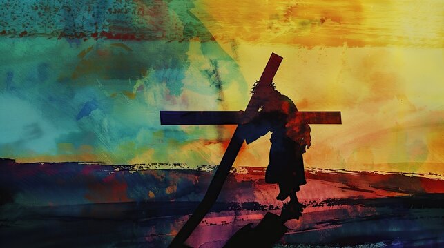 watercolor abstract illustration of Jesus Christ carrying the crucifixion cross on Calvary hill
