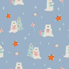 Adorable Christmas seamless pattern with festive polar bears