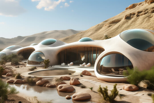A luxury desert resort with anti-gravity hoverboards, holographic oases, and climate-controlled domes, 3D illustration, Generative AI