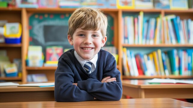 Smiling Young British Boy in School Uniform Posing in Classroom, Ideal for Educational and Academic Themes - Powered by Adobe
