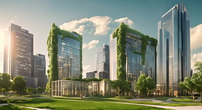 tall buildings close up beyond green grass and street