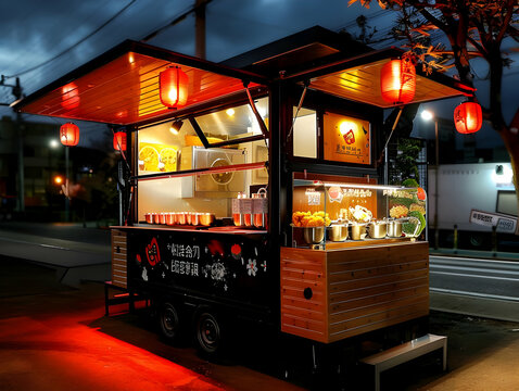 A cozy yatai mobile food stall serving hot bowls of ramen