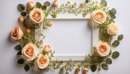 Roses surrounding a white sheet of paper in a frame. Floral, delicate background with space for text