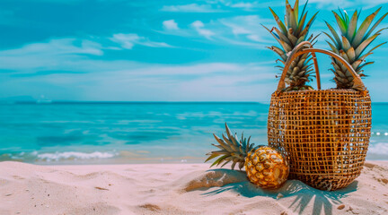 Obraz premium Wicker Basket With Pineapples on Sandy Beach by Turquoise Water
