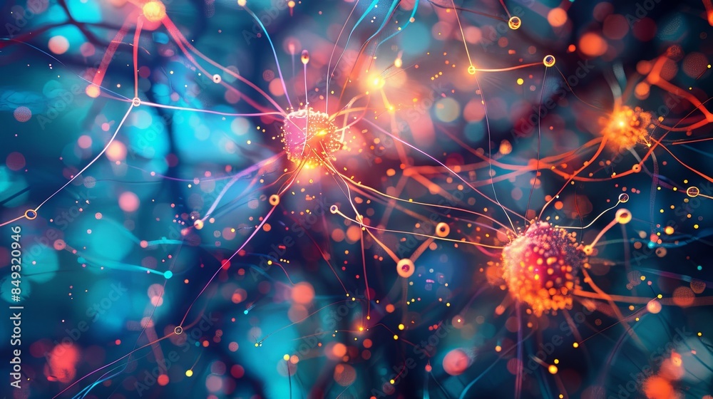 Poster An abstract illustration of a neural network with nodes and connections demonstrating AIs data processing and learning capabilities. Generative AI