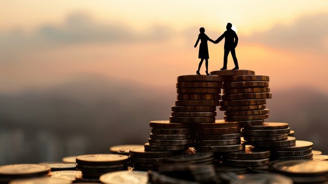 Two silhouetted figures stand on stacked coins against an orange sunset background, representing financial success or partnership