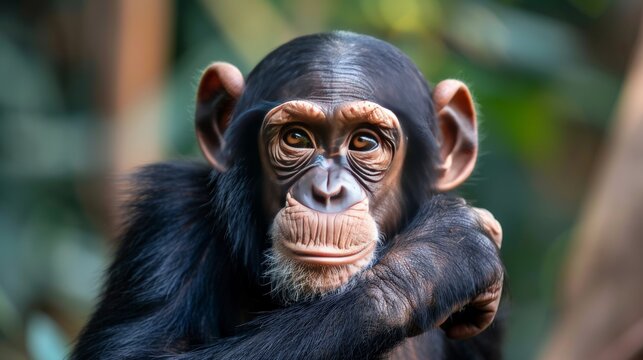A chimpanzee is looking at you with a serious expression on its face