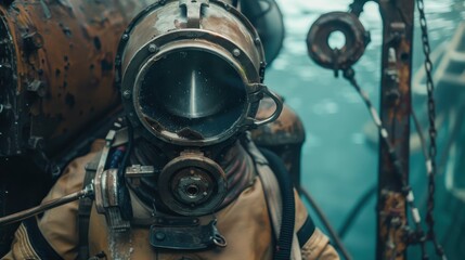 Fototapeta premium Close-up of a person wearing a vintage, heavy-duty diving helmet, which is part of a hard hat diving suit