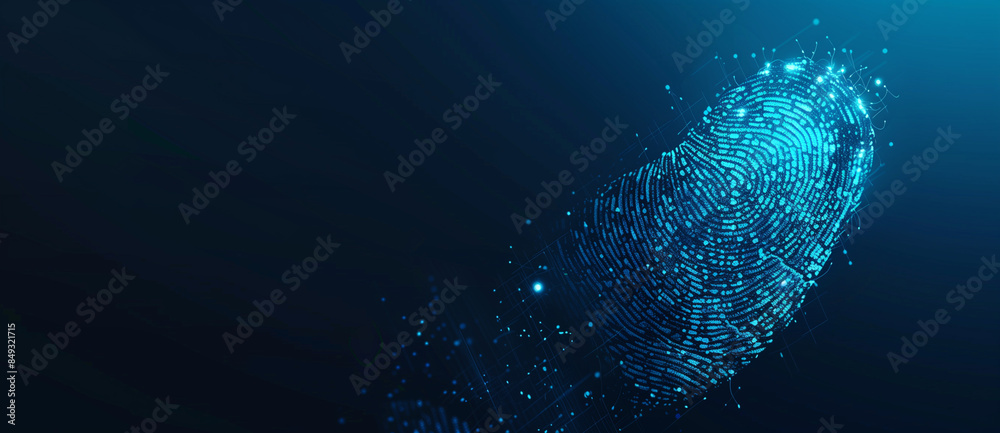 Poster a digital fingerprint in blue tones, embedded in a matrix-like pattern on a dark background, emphasi