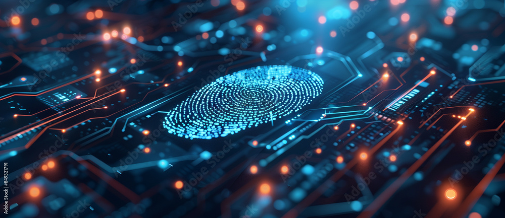 Poster a digital fingerprint with interconnected nodes, representing the complexity and connectivity of dig
