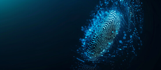  A digital fingerprint with colorful particles dispersing from it, set against a dark background, symbolizing data and digital transformation