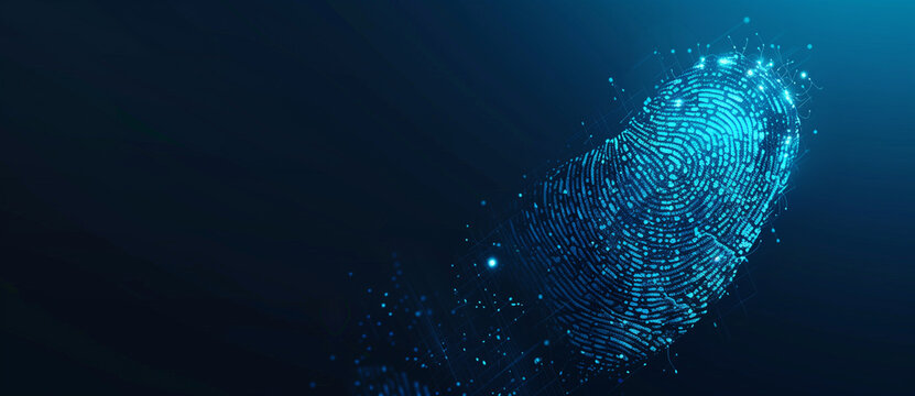 A digital fingerprint in blue tones, embedded in a matrix-like pattern on a dark background, emphasizing technology and security.