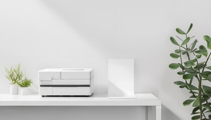 Modern printer with paper on table near white wall, space for text