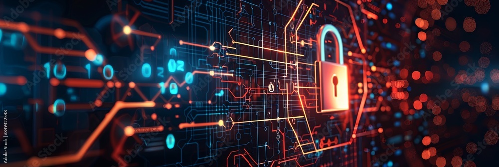 Poster An abstract depiction of cybersecurity elements, including digital locks, shields, and network nodes, protected by advanced AI algorithms. Generative AI