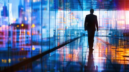 A man in a suit walks down a reflective corridor with vibrant light effects, suggesting technology and future