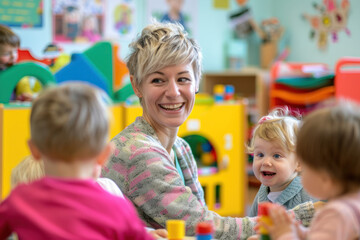 Fototapeta premium Promotional Photography of Childcare Worker, Professional Environment, Diverse Workforce, Corporate Photography, Team Collaboration, Engaged Employees, Authentic Work Settings.