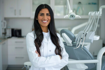 Professional Female Dentist Smiling Positively, Professional Environment, Diverse Workforce, Corporate Photography, Team Collaboration, Engaged Employees, Authentic Work Settings.