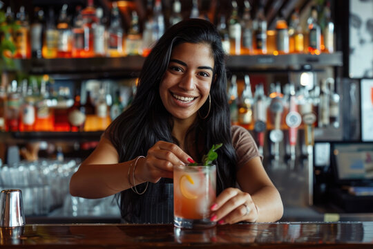 Promotional photo of female bartender., Professional Environment, Diverse Workforce, Corporate Photography, Team Collaboration, Engaged Employees, Authentic Work Settings. - Powered by Adobe