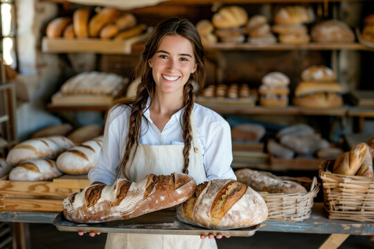 Happy Female Baker at Work, Professional Environment, Diverse Workforce, Corporate Photography, Team Collaboration, Engaged Employees, Authentic Work Settings. - Powered by Adobe