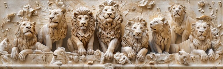 Beautiful lions 3d relief wallpaper. Mural wallpaper. Wall art. AI generated illustration.