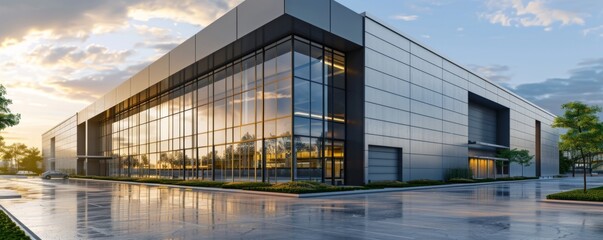 Modern industrial company building. Logistics warehouse concept banner, Generative AI.