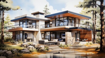 Exterior concept house modern minimalist, Drawing sketch design style; Generative Ai