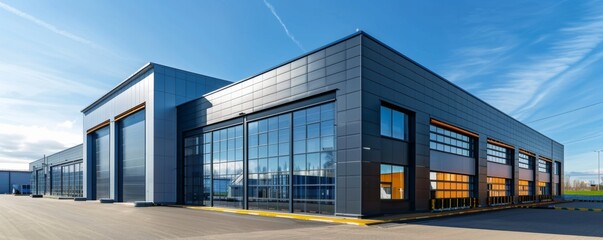 Modern industrial company building. Logistics warehouse concept banner, Generative AI.