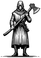 Obraz premium Grim Reaper executioner with Axe sketch engraving generative ai fictional character PNG illustration. Scratch board imitation. Black and white image.