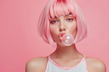 beautiful woman with pink bob hair, blowing bubble gum in the style of pink background