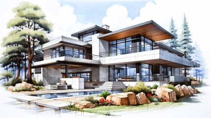 Exterior concept house modern minimalist, Drawing sketch design style; Generative Ai