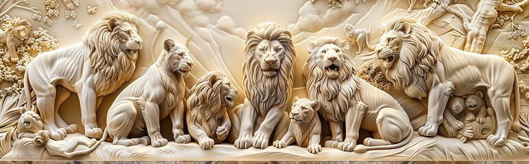 Beautiful lions 3d relief wallpaper. Mural wallpaper. Wall art. AI generated illustration.