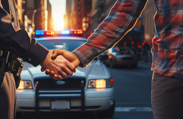 Police officer shaking hands or reaching an agreement with a civilian in a busy city, with police vehicles visible in the background. Horizontal photo