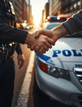 Man greeting a police officer with a handshake, forgetting stereotypes and differences in thinking