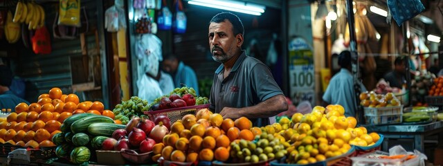 Obraz premium man on the background of vegetables in the bazaar. Selective focus