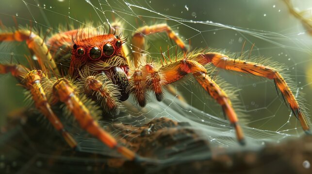 A close-up of a spider on a web. The spider is orange and black with eight legs and two large eyes.