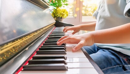 close up of child hands playing the piano with bokeh background