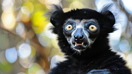 Fototapeta premium A close-up of a wild-eyed lemur staring at the camera with its mouth slightly open in shock or surprise.