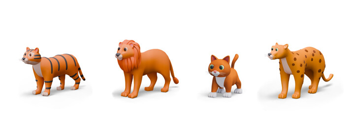 Set of vector 3D animals of felidae family. Pets and wild animals