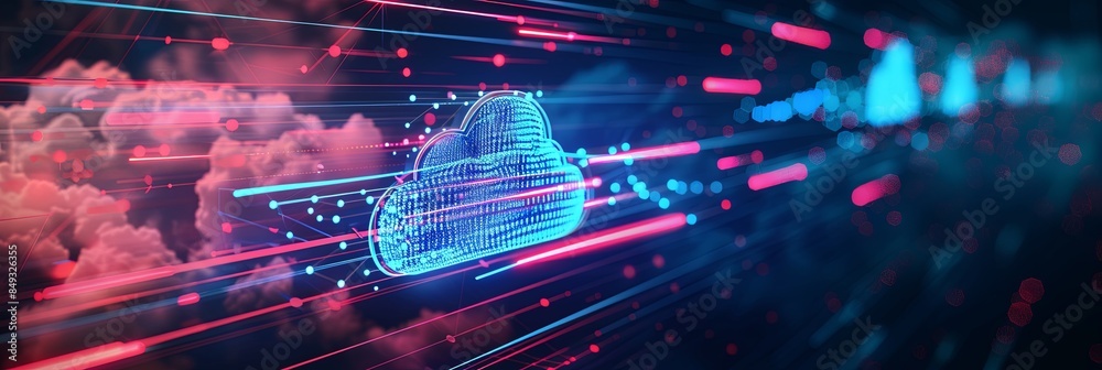 Fototapete An abstract visualization of cloud computing with digital elements representing data processing and AI operations in the cloud. Generative AI
