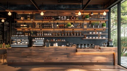 contemporary coffee shop interior with wooden elements, plant decor, and a well-organized display of coffee-related items