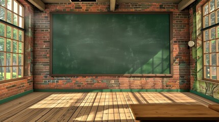 Empty rustic classroom with large blackboard, exposed brick walls, and wooden floors, flooded with natural light from large windows.