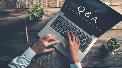Person typing on a laptop with Q&A on the screen. Concept of question and answer session, online education, or remote work.