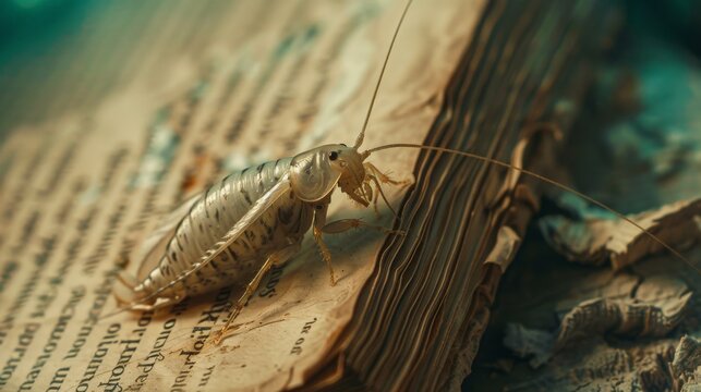 A cockroach sits on a book, looking at the camera with its many eyes.