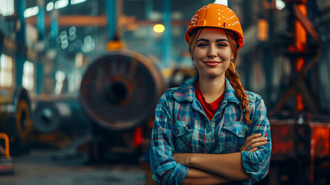 Portrait of a smiling woman with safety helmet in a manufacturing setting