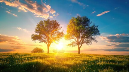 Obraz premium Sunset view with two trees and a clear blue sky