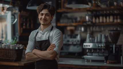Fototapeta premium Proud young man with a warm smile posing in a modern, cozy coffee shop