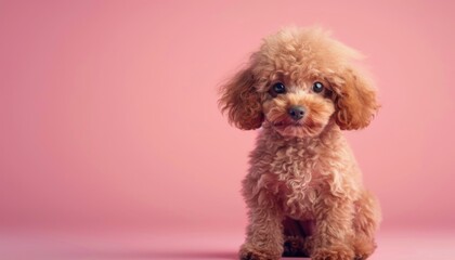 A cute Poodle sitting on a solid pastel background with space above for text