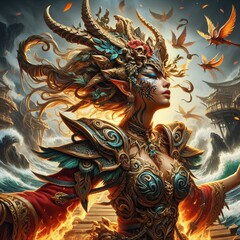 Enchanted Guardian with Mystical Orb and Nature-Inspired Armor Accompanied by Forest Bird