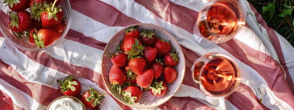 picnic wine strawberries top view. Selective focus